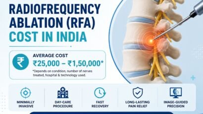 Radiofrequency Ablation (RFA) Cost in India infographic showing average RFA treatment cost, minimally invasive pain relief procedure, and benefits for chronic back, neck, knee, and nerve pain.