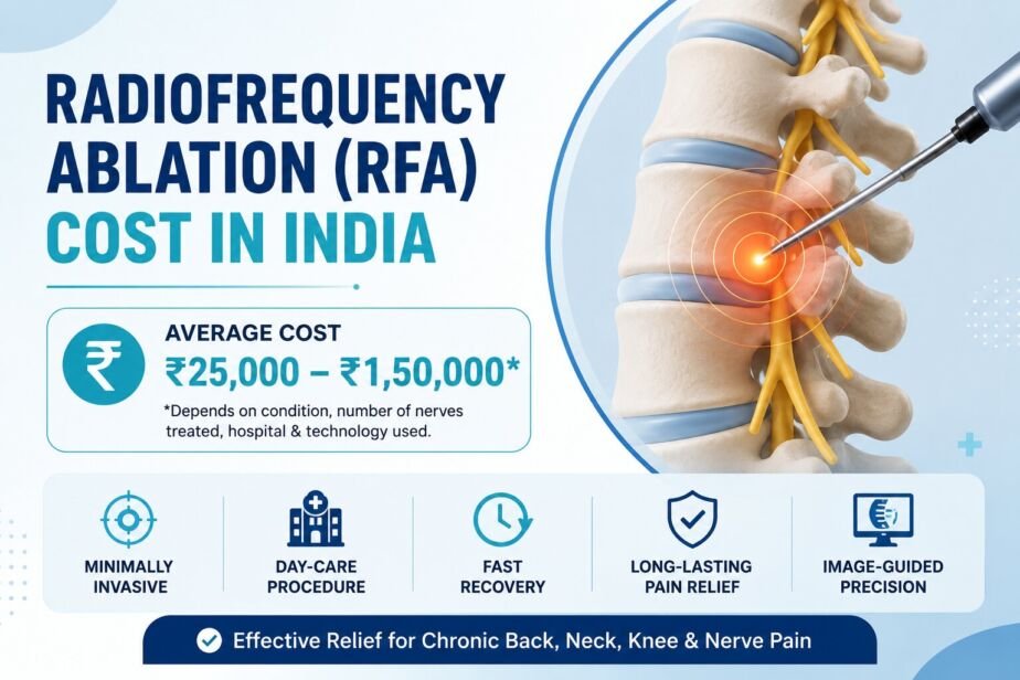 Radiofrequency Ablation (RFA) Cost in India infographic showing average RFA treatment cost, minimally invasive pain relief procedure, and benefits for chronic back, neck, knee, and nerve pain.