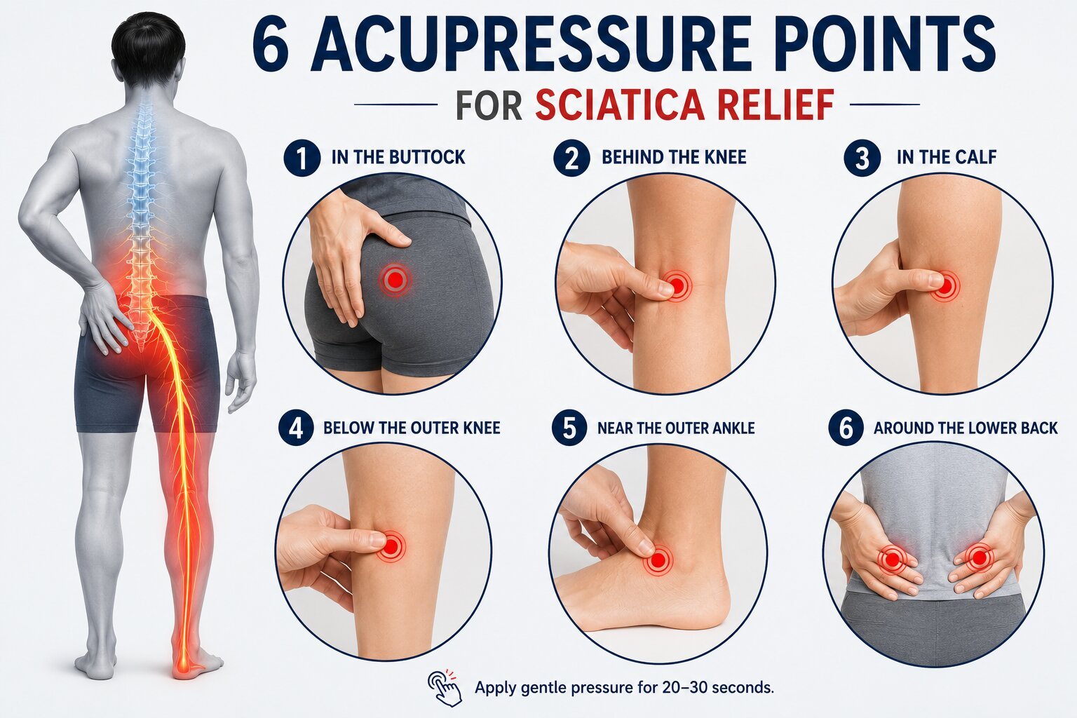 6 acupressure points for sciatica relief, including the buttock, knee, calf, ankle and lower back