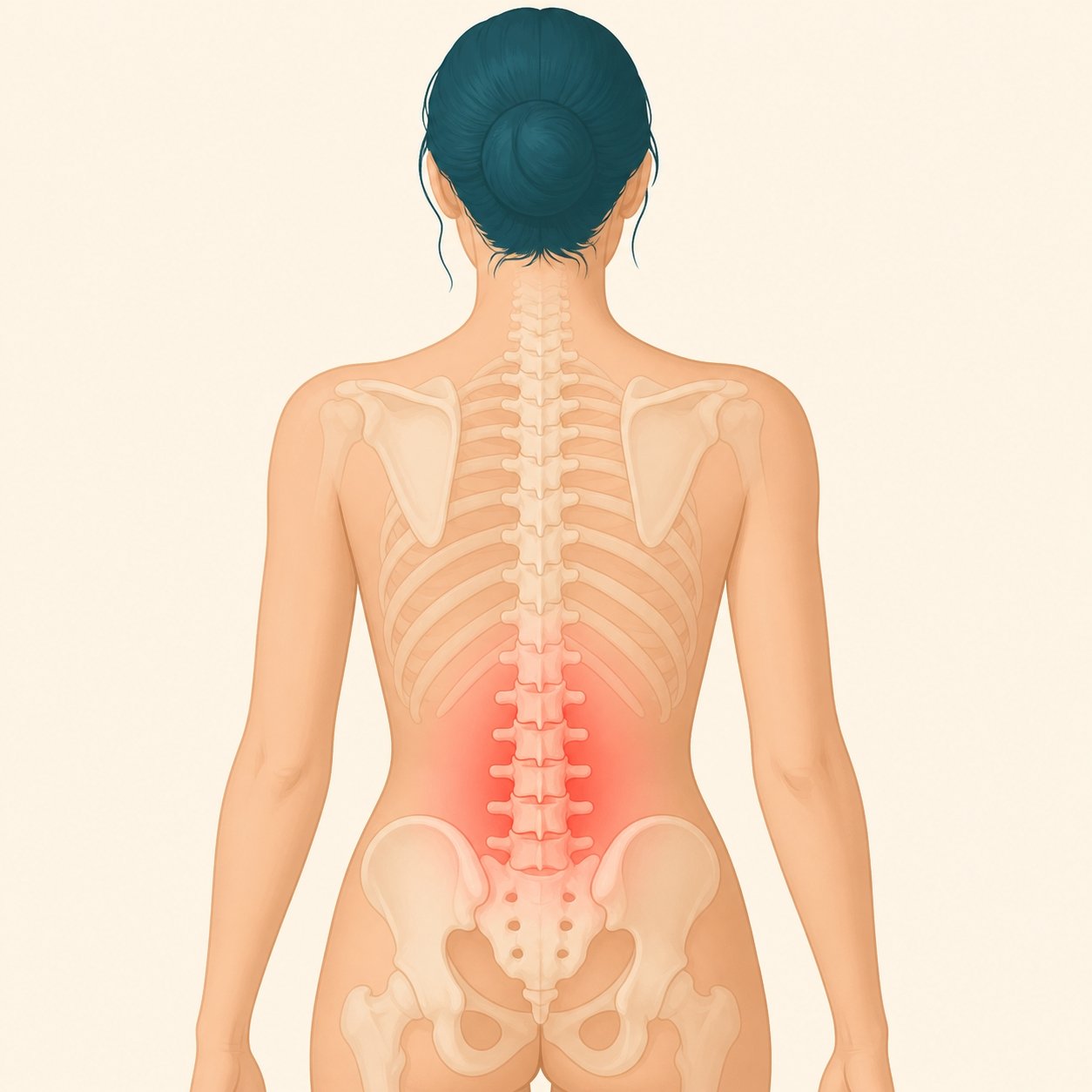 Medical illustration showing the female lower spine and pelvis with the lumbar pain area highlighted in red