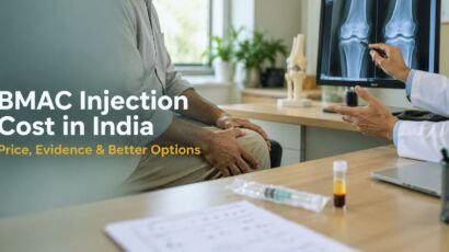 BMAC injection cost in India, a pain specialist explaining knee X-ray and treatment options to a patient at a clinic in Delhi