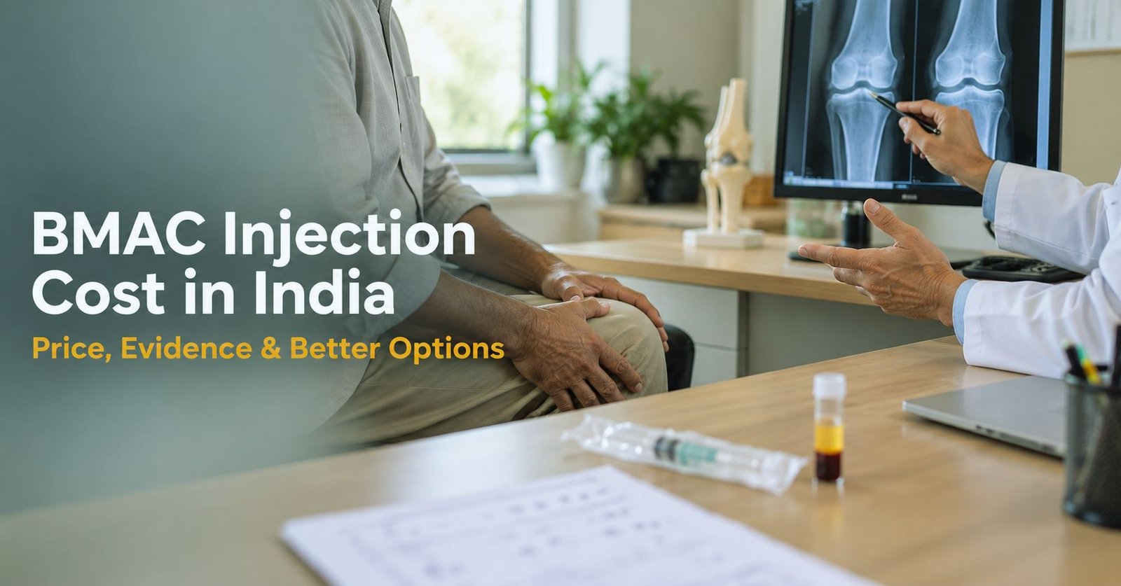 BMAC injection cost in India, a pain specialist explaining knee X-ray and treatment options to a patient at a clinic in Delhi