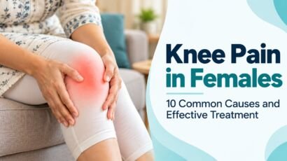 Woman holding her painful knee, knee pain in females causes and treatment