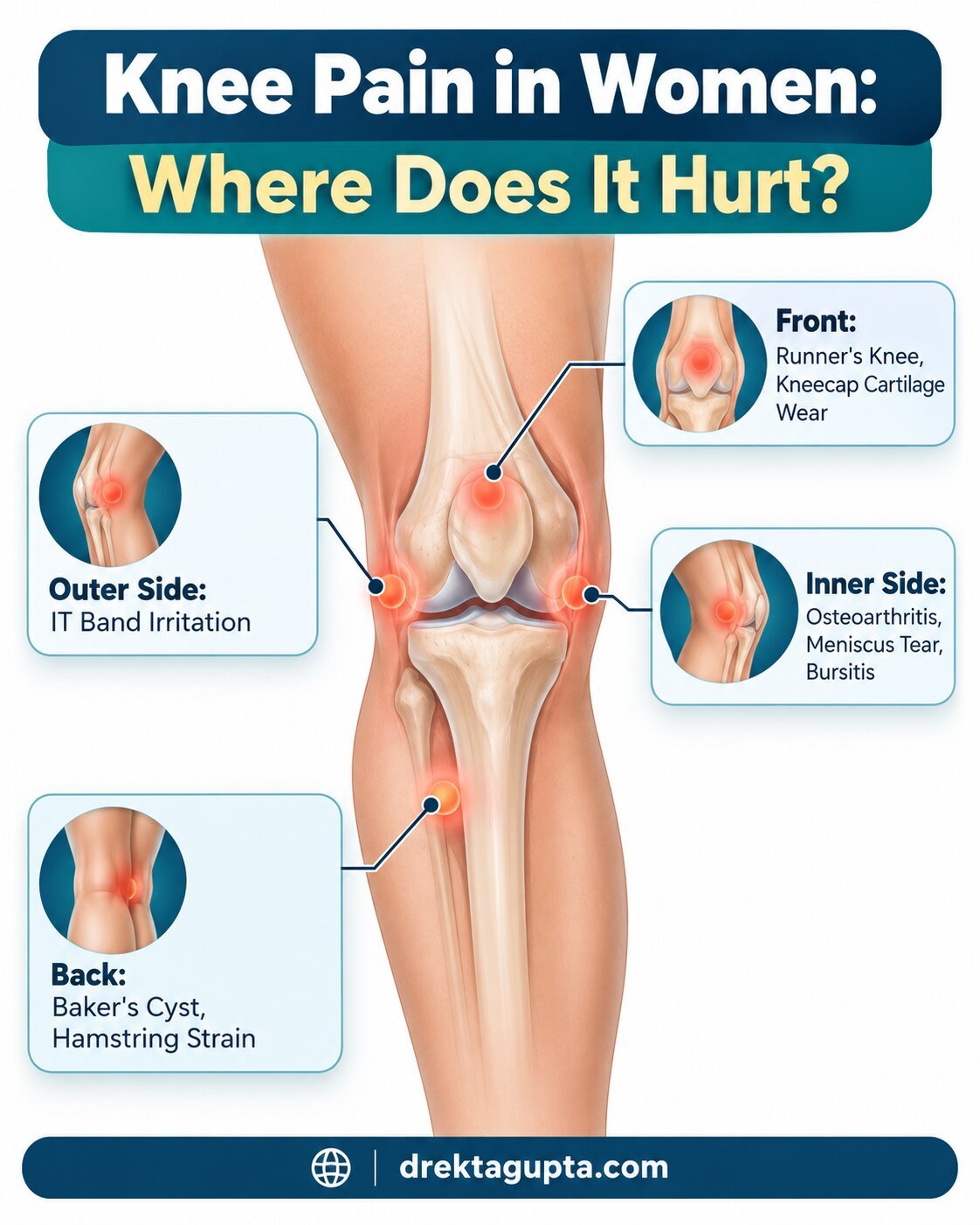 Knee pain location guide for women showing front, inner, outer and back of knee pain causes